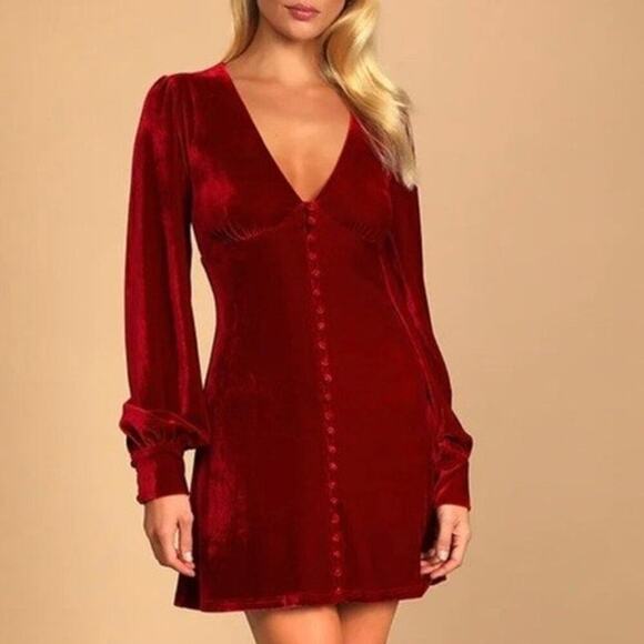 Lulus Dresses & Skirts - Lulu's Make it Merry Wine Red Velvet Long Sleeve Button-Up Mini Dress (XL)